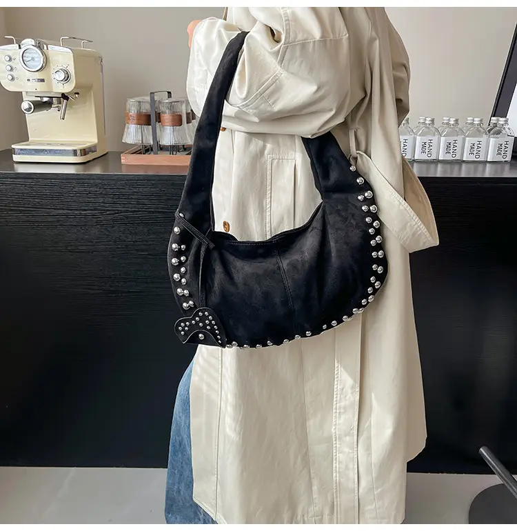 Women's Rivet Frosted Diagonal Shoulder Bag Brown — feature 32