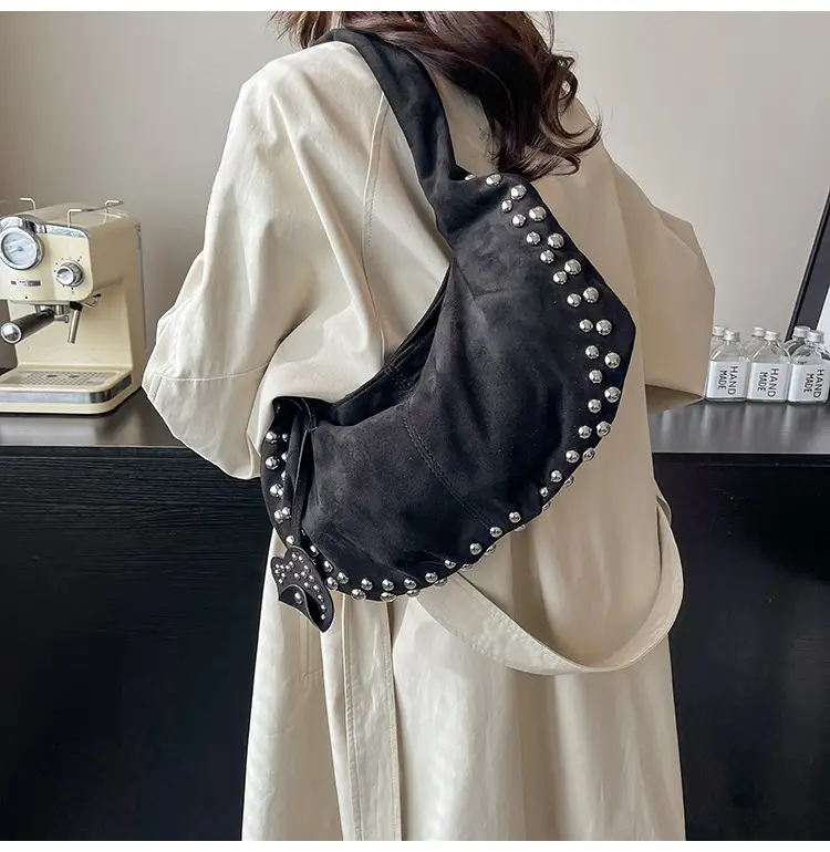 Women's Rivet Frosted Diagonal Shoulder Bag Brown — feature 33