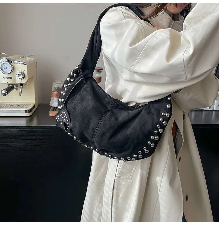 Women's Rivet Frosted Diagonal Shoulder Bag Brown — feature 34