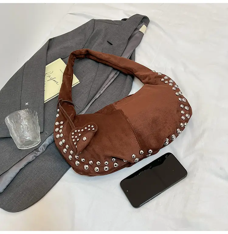 Women's Rivet Frosted Diagonal Shoulder Bag Brown — feature 37