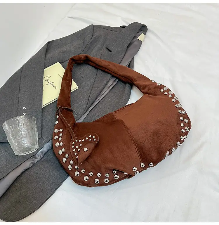 Women's Rivet Frosted Diagonal Shoulder Bag Brown — feature 38