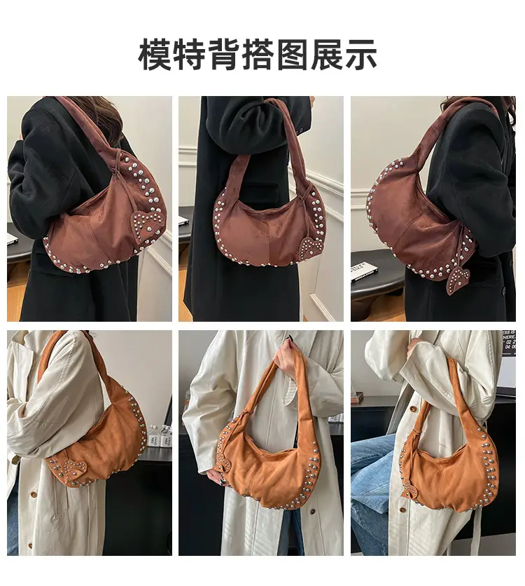Women's Rivet Frosted Diagonal Shoulder Bag Brown — feature 4