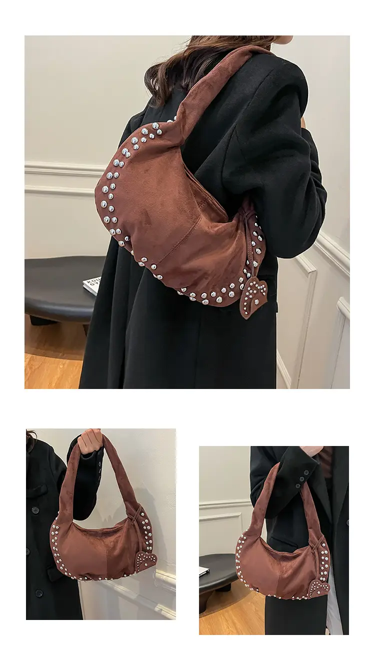Women's Rivet Frosted Diagonal Shoulder Bag Brown — feature 5