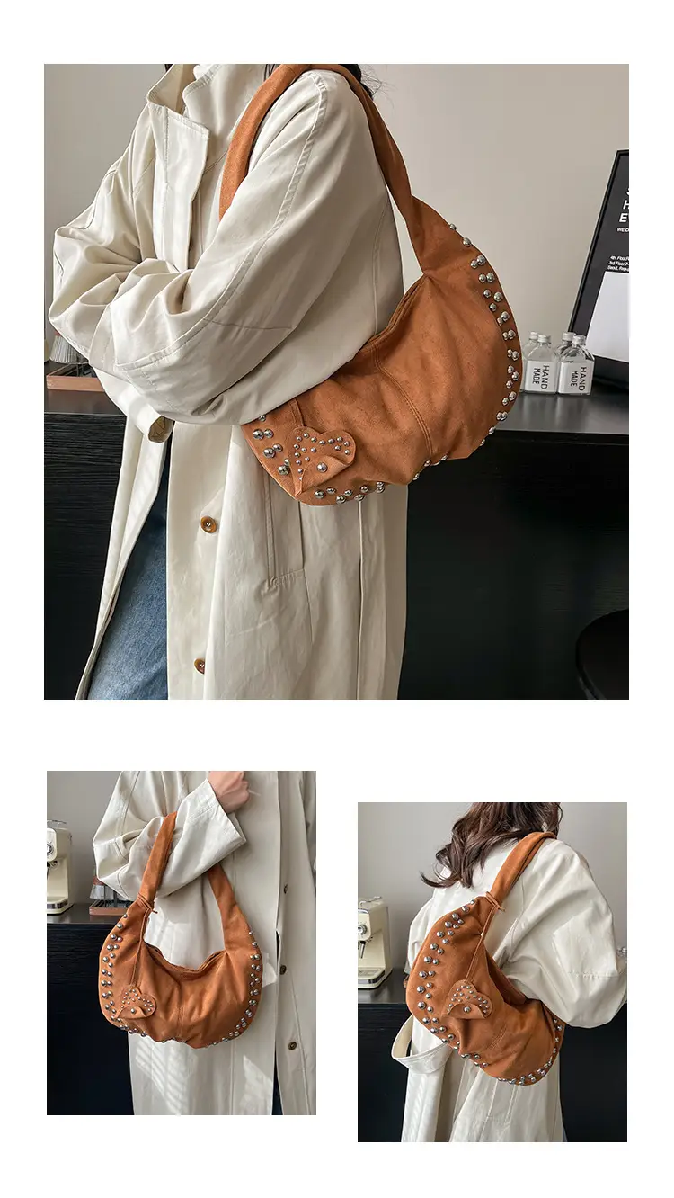 Women's Rivet Frosted Diagonal Shoulder Bag Brown — feature 6