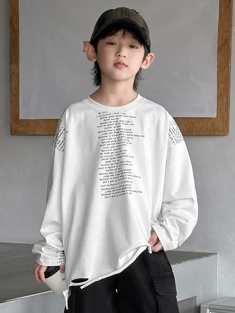 Boys' White Ripped Long Sleeve T-Shirt with Graphic Print