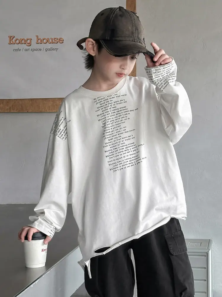 Boys' White Ripped Long Sleeve T-Shirt with Graphic Print