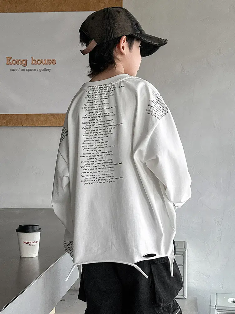 Boys' White Ripped Long Sleeve T-Shirt with Graphic Print