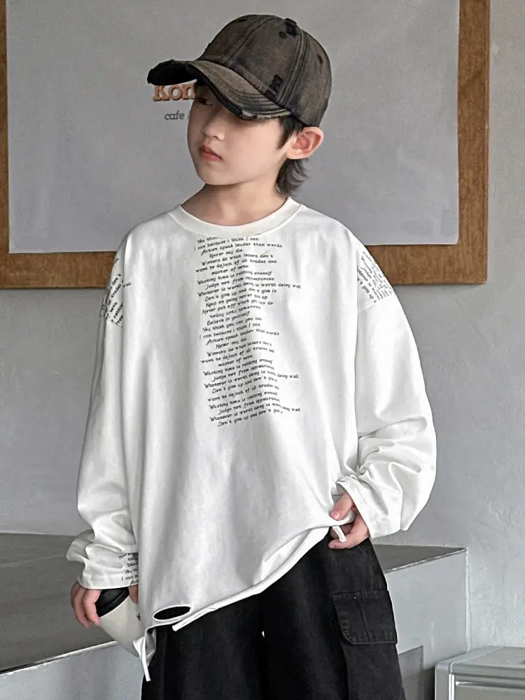 Boys' White Ripped Long Sleeve T-Shirt with Graphic Print