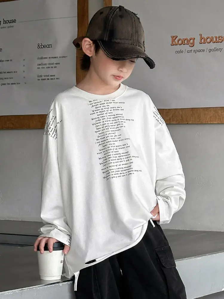 Boys' White Ripped Long Sleeve T-Shirt with Graphic Print