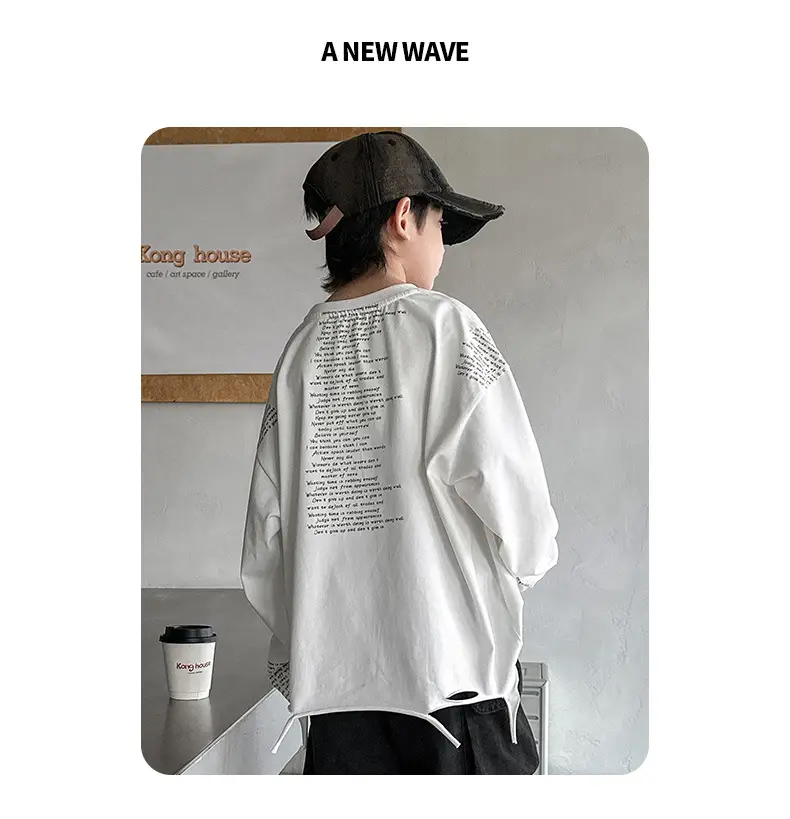 Boys' White Ripped Long Sleeve T-Shirt with Graphic Print — feature 17