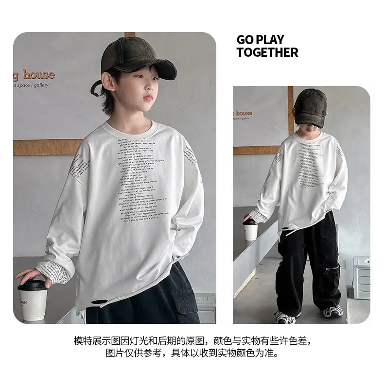 Boys' White Ripped Long Sleeve T-Shirt with Graphic Print — feature 18