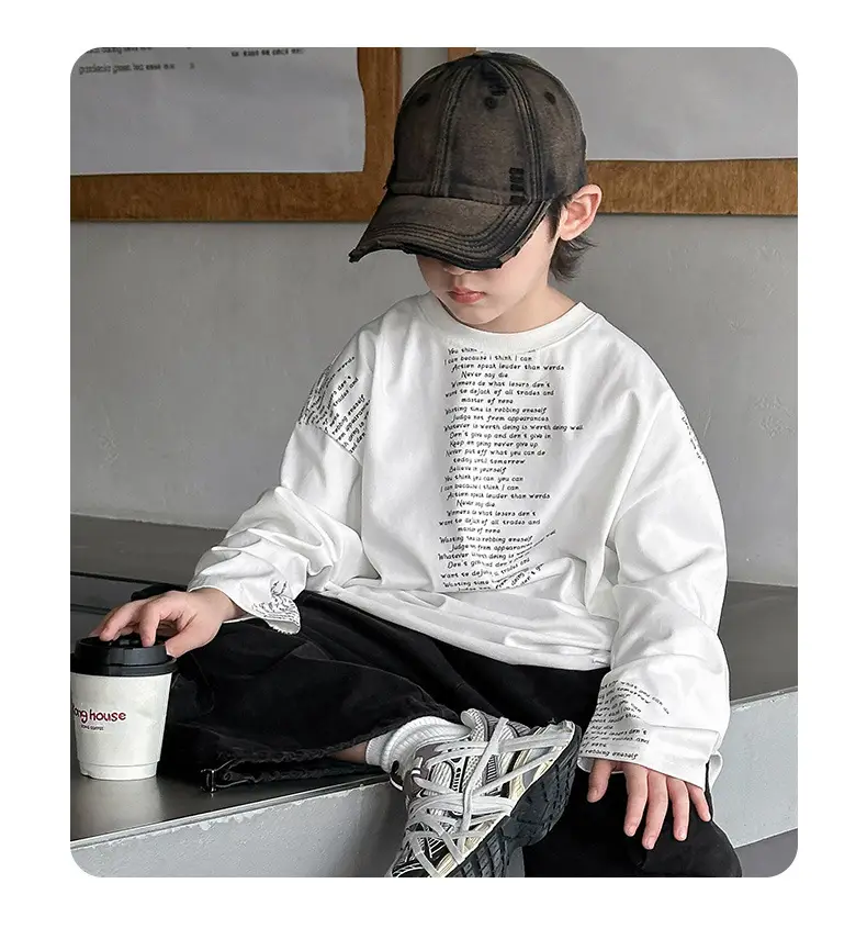 Boys' White Ripped Long Sleeve T-Shirt with Graphic Print — feature 19