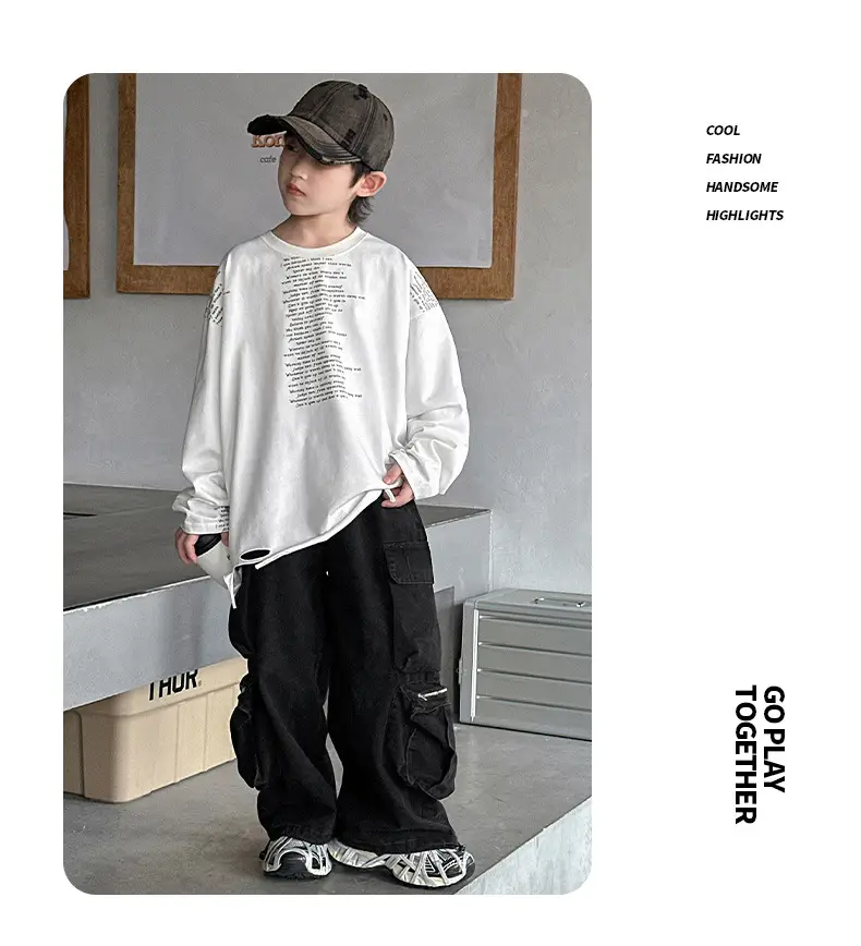 Boys' White Ripped Long Sleeve T-Shirt with Graphic Print — feature 20