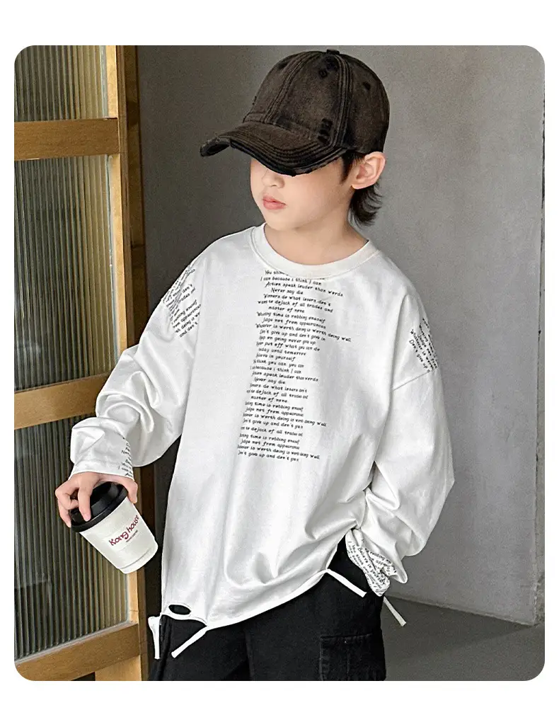 Boys' White Ripped Long Sleeve T-Shirt with Graphic Print — feature 21