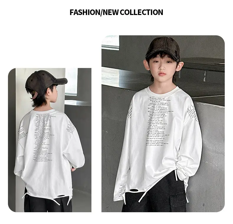 Boys' White Ripped Long Sleeve T-Shirt with Graphic Print — feature 22