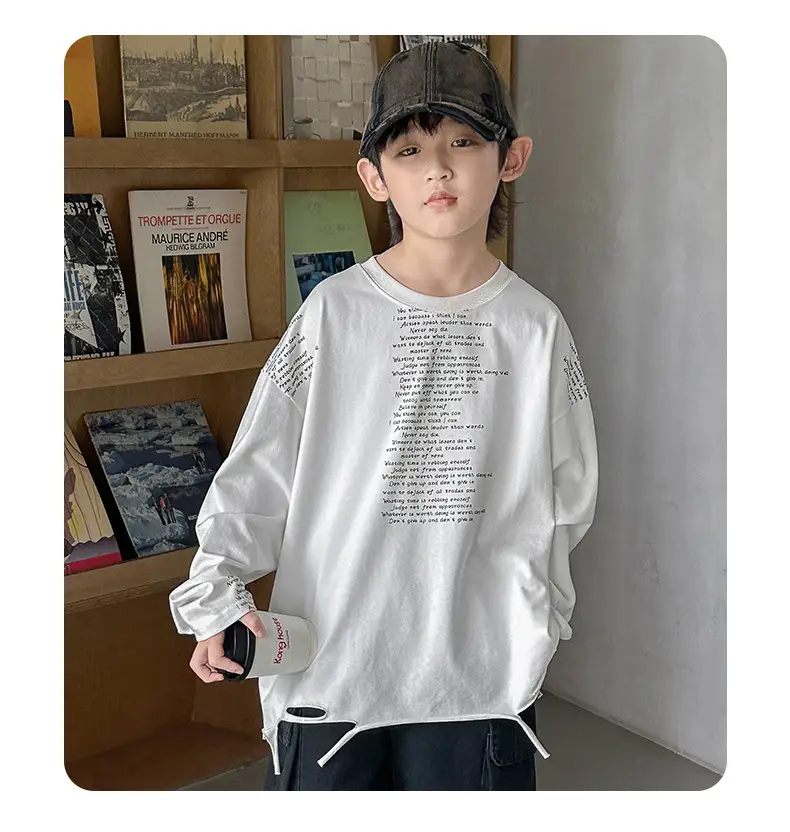 Boys' White Ripped Long Sleeve T-Shirt with Graphic Print — feature 23