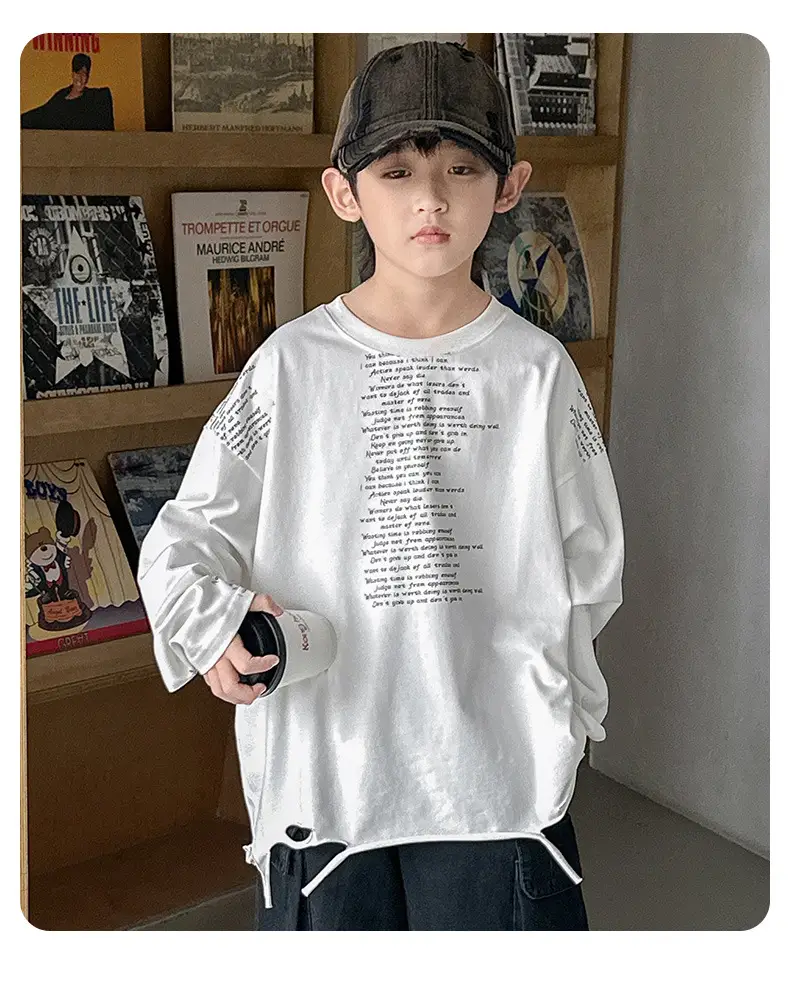 Boys' White Ripped Long Sleeve T-Shirt with Graphic Print — feature 25