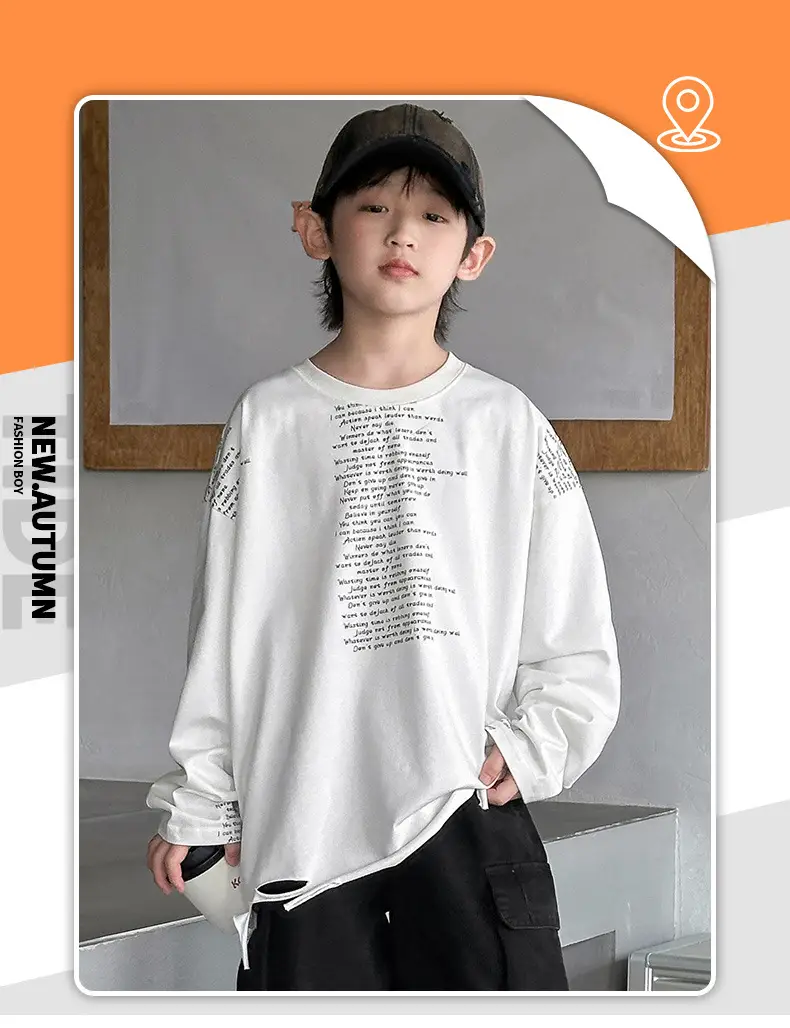 Boys' White Ripped Long Sleeve T-Shirt with Graphic Print — feature 9