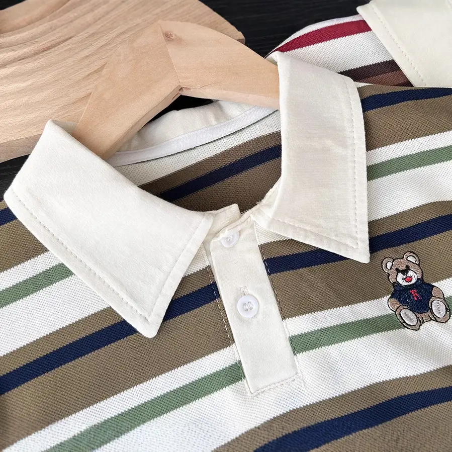 2025 Boys Striped Cotton Polo T-Shirt with Teddy Bear Patch - Image 4