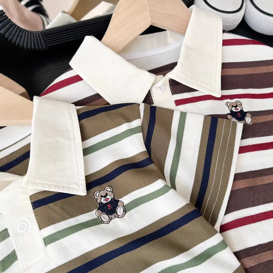 2025 Boys Striped Cotton Polo T-Shirt with Teddy Bear Patch - Image 6