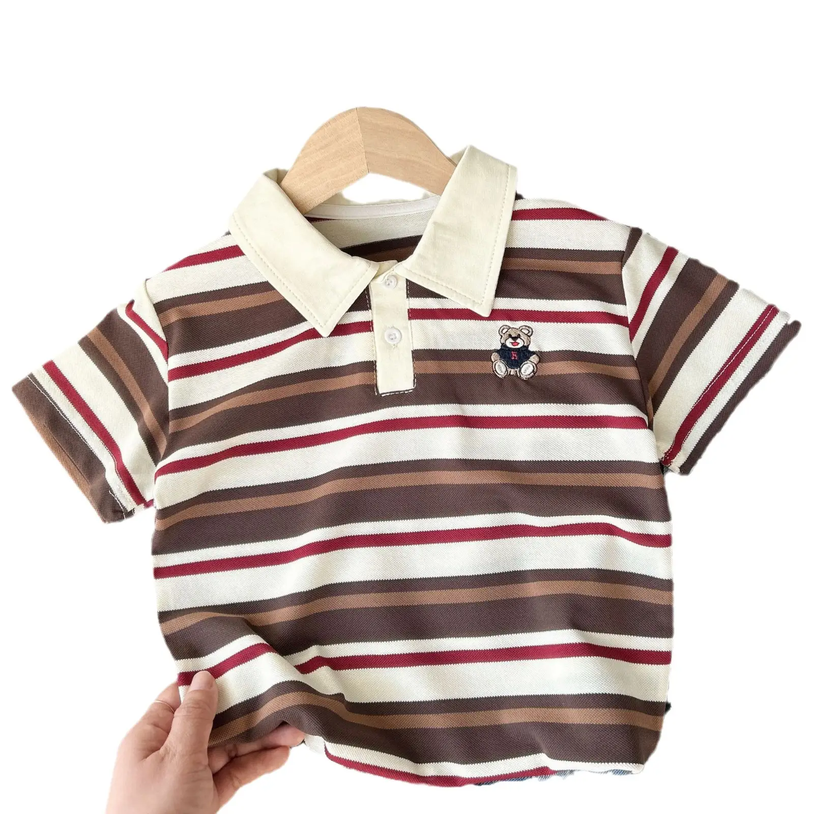 2025 Boys Striped Cotton Polo T-Shirt with Teddy Bear Patch - Image 7