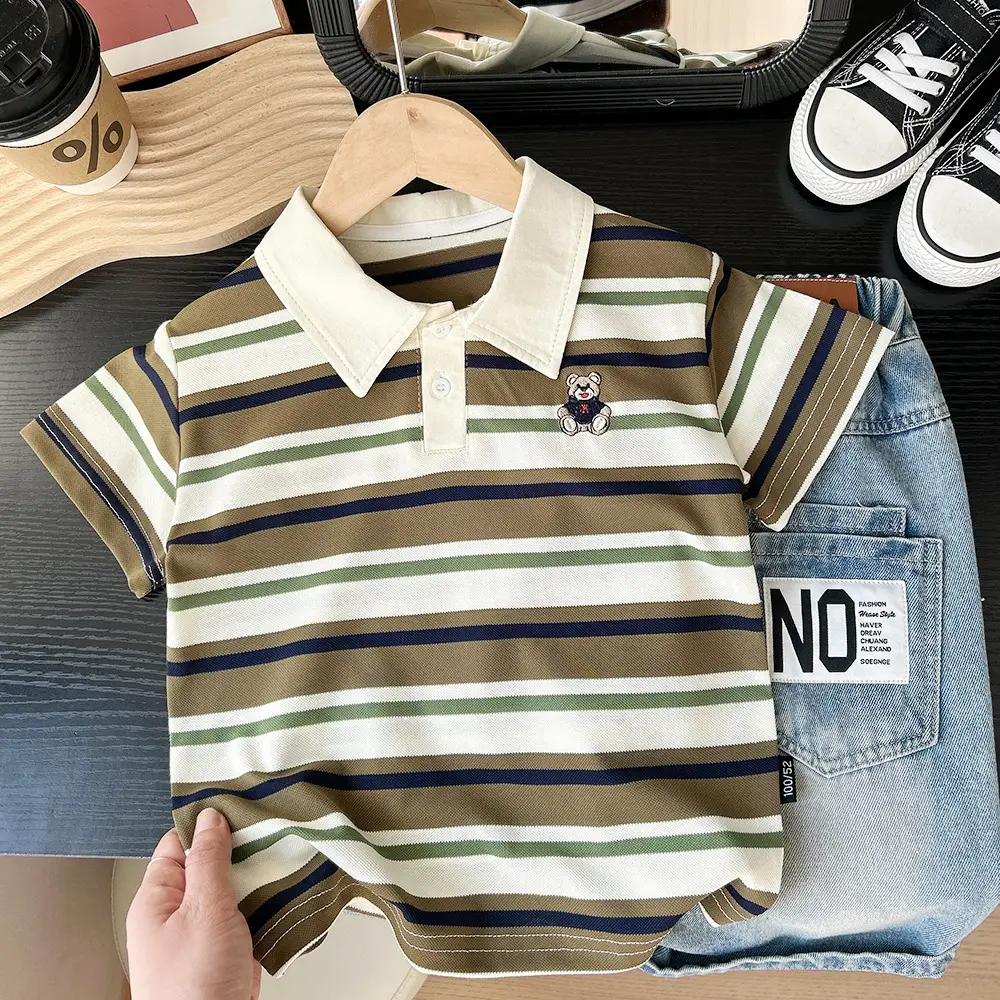 2025 Boys Striped Cotton Polo T-Shirt with Teddy Bear Patch — feature 2