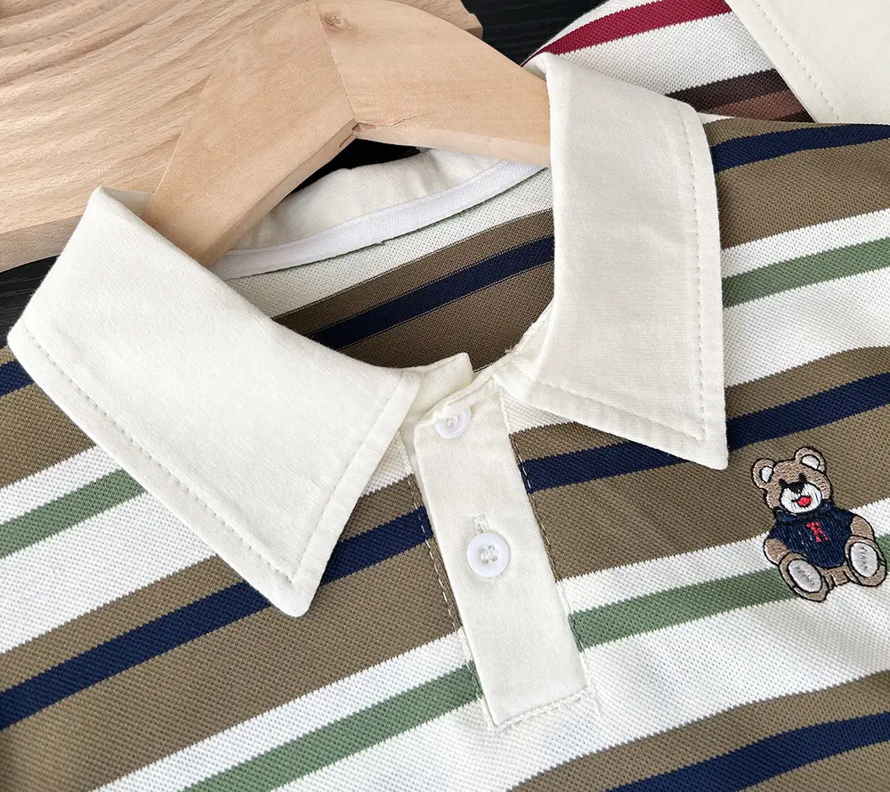 2025 Boys Striped Cotton Polo T-Shirt with Teddy Bear Patch — feature 4