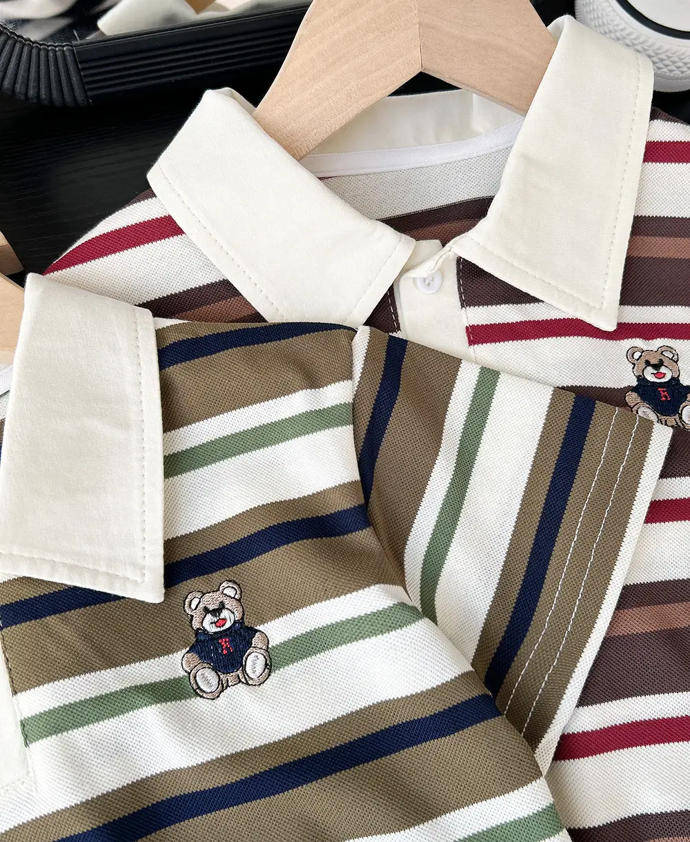 2025 Boys Striped Cotton Polo T-Shirt with Teddy Bear Patch — feature 6