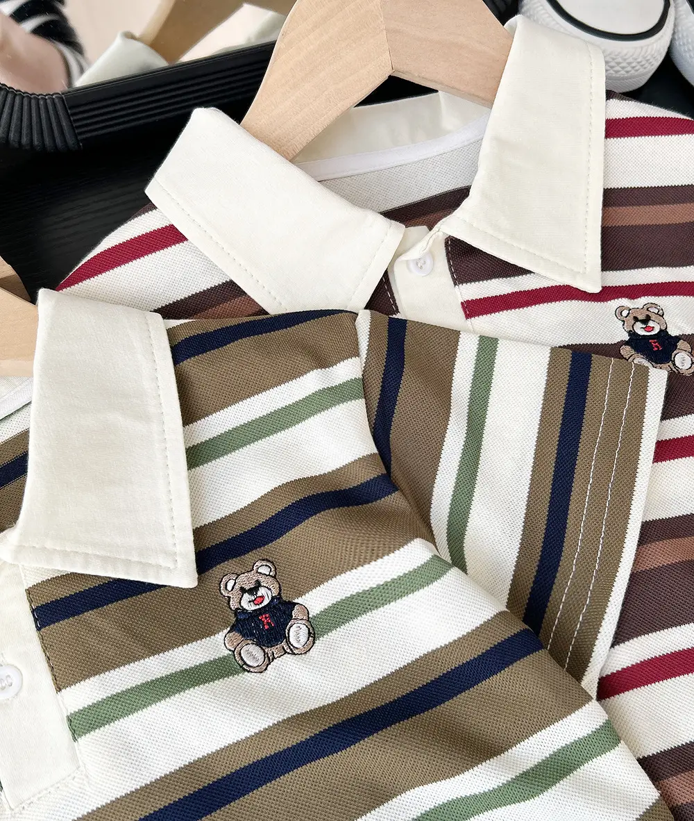 2025 Boys Striped Cotton Polo T-Shirt with Teddy Bear Patch — feature 8