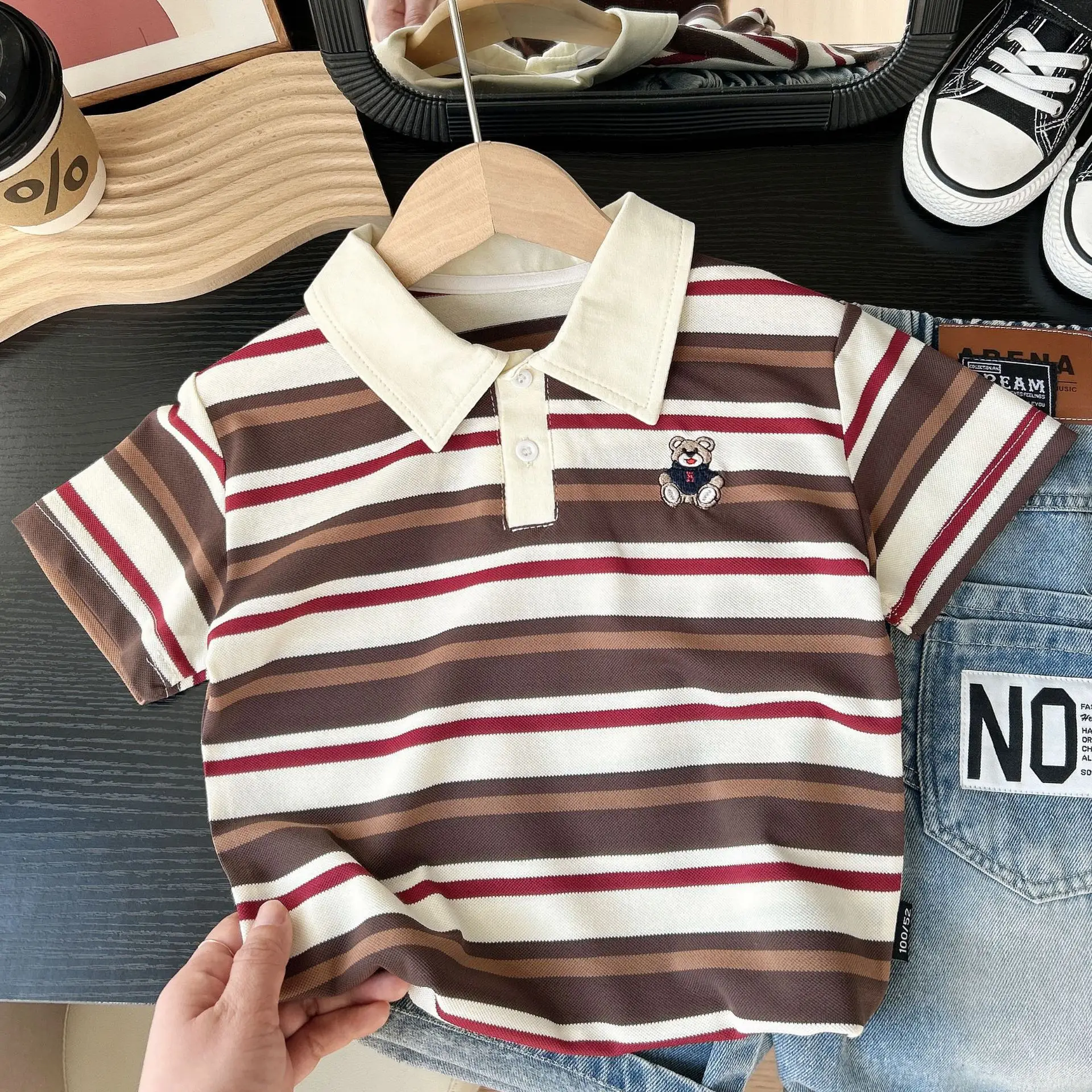 2025 Boys Striped Cotton Polo T-Shirt with Teddy Bear Patch - Image 2
