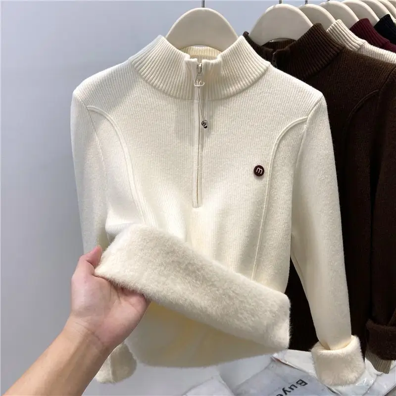 Thickened Stand-Up Collar Half-Zip Integrated Fleece High-Neck Sweater for Women, Autumn and Winter Inner Wear, Fleece-Lined Knitwear, Lazy Style
