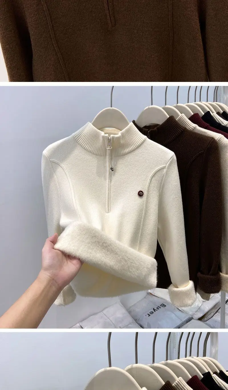 Thickened Stand-Up Collar Half-Zip Integrated Fleece High-Neck Sweater for Women, Autumn and Winter Inner Wear, Fleece-Lined Knitwear, Lazy Style — feature 10