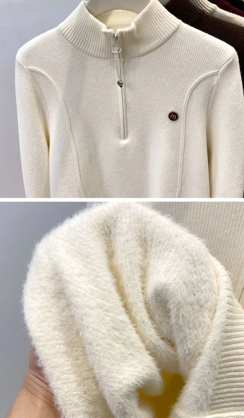 Thickened Stand-Up Collar Half-Zip Integrated Fleece High-Neck Sweater for Women, Autumn and Winter Inner Wear, Fleece-Lined Knitwear, Lazy Style — feature 11