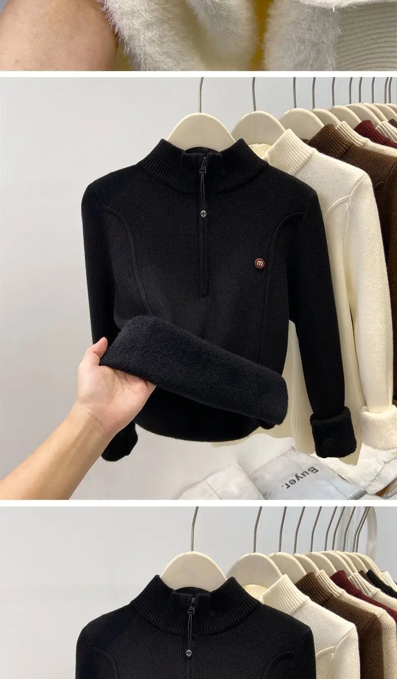 Thickened Stand-Up Collar Half-Zip Integrated Fleece High-Neck Sweater for Women, Autumn and Winter Inner Wear, Fleece-Lined Knitwear, Lazy Style — feature 12