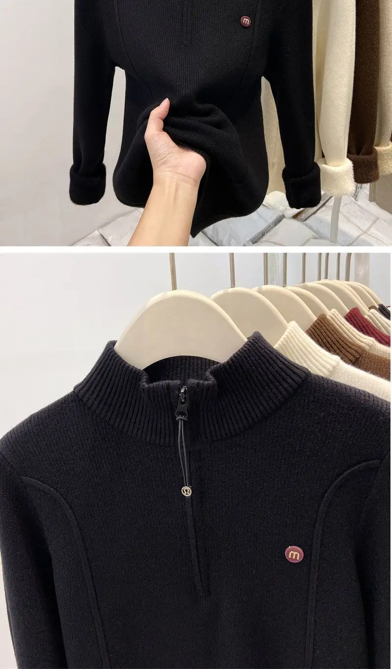 Thickened Stand-Up Collar Half-Zip Integrated Fleece High-Neck Sweater for Women, Autumn and Winter Inner Wear, Fleece-Lined Knitwear, Lazy Style — feature 13