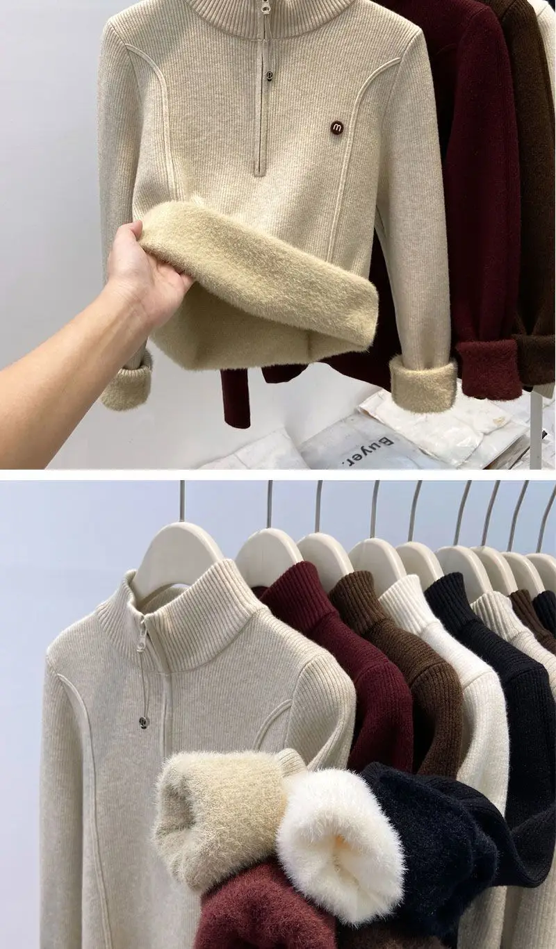 Thickened Stand-Up Collar Half-Zip Integrated Fleece High-Neck Sweater for Women, Autumn and Winter Inner Wear, Fleece-Lined Knitwear, Lazy Style — feature 4