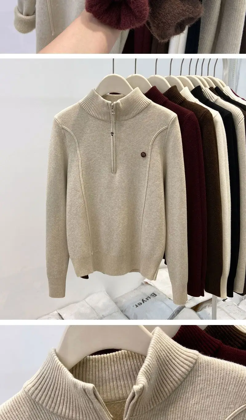 Thickened Stand-Up Collar Half-Zip Integrated Fleece High-Neck Sweater for Women, Autumn and Winter Inner Wear, Fleece-Lined Knitwear, Lazy Style — feature 5