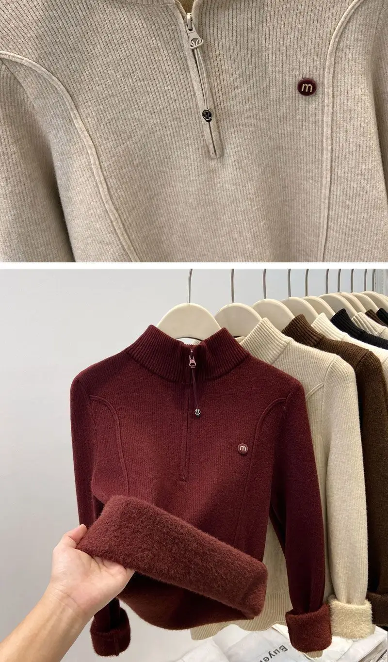 Thickened Stand-Up Collar Half-Zip Integrated Fleece High-Neck Sweater for Women, Autumn and Winter Inner Wear, Fleece-Lined Knitwear, Lazy Style — feature 6