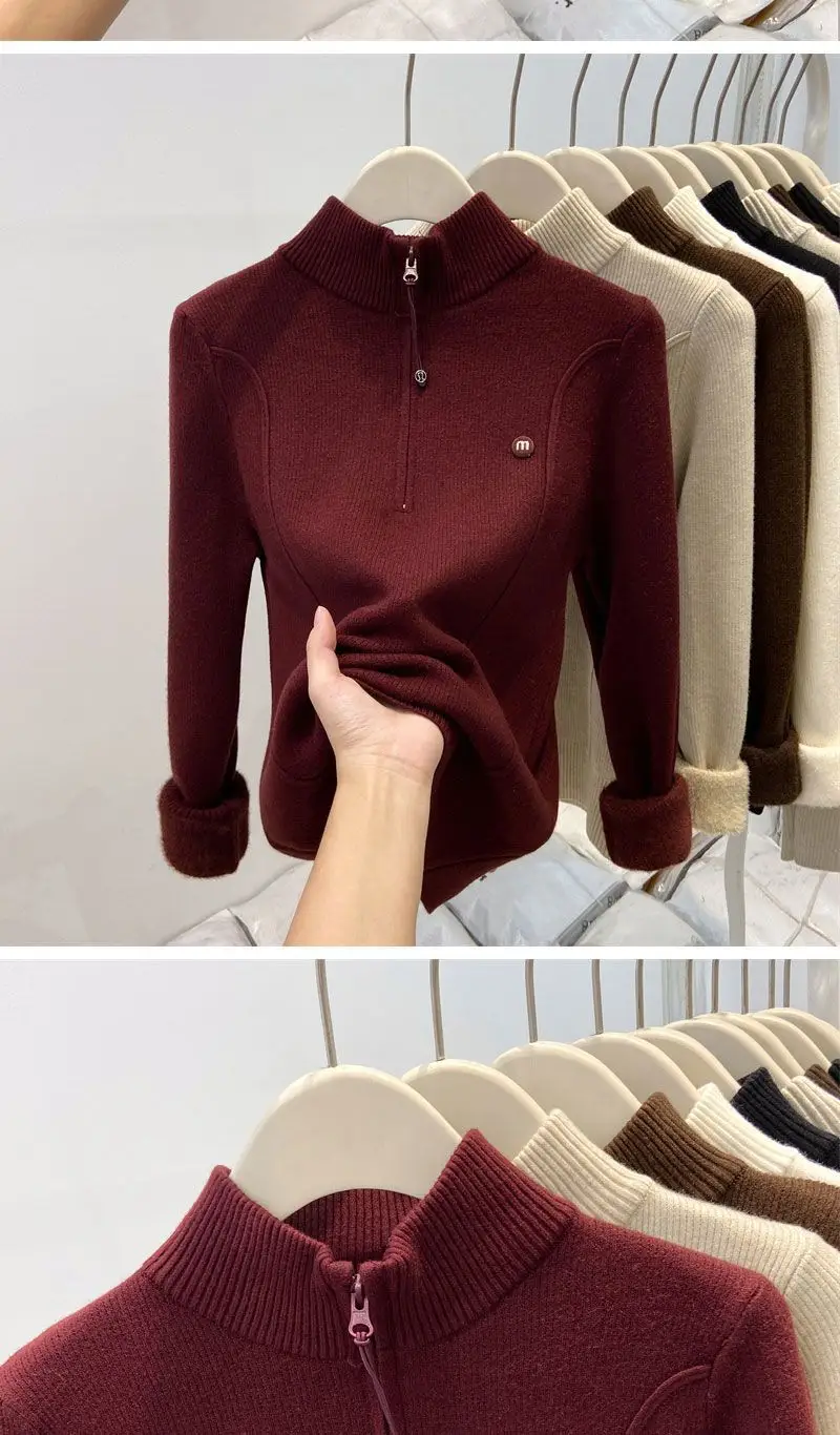Thickened Stand-Up Collar Half-Zip Integrated Fleece High-Neck Sweater for Women, Autumn and Winter Inner Wear, Fleece-Lined Knitwear, Lazy Style — feature 7