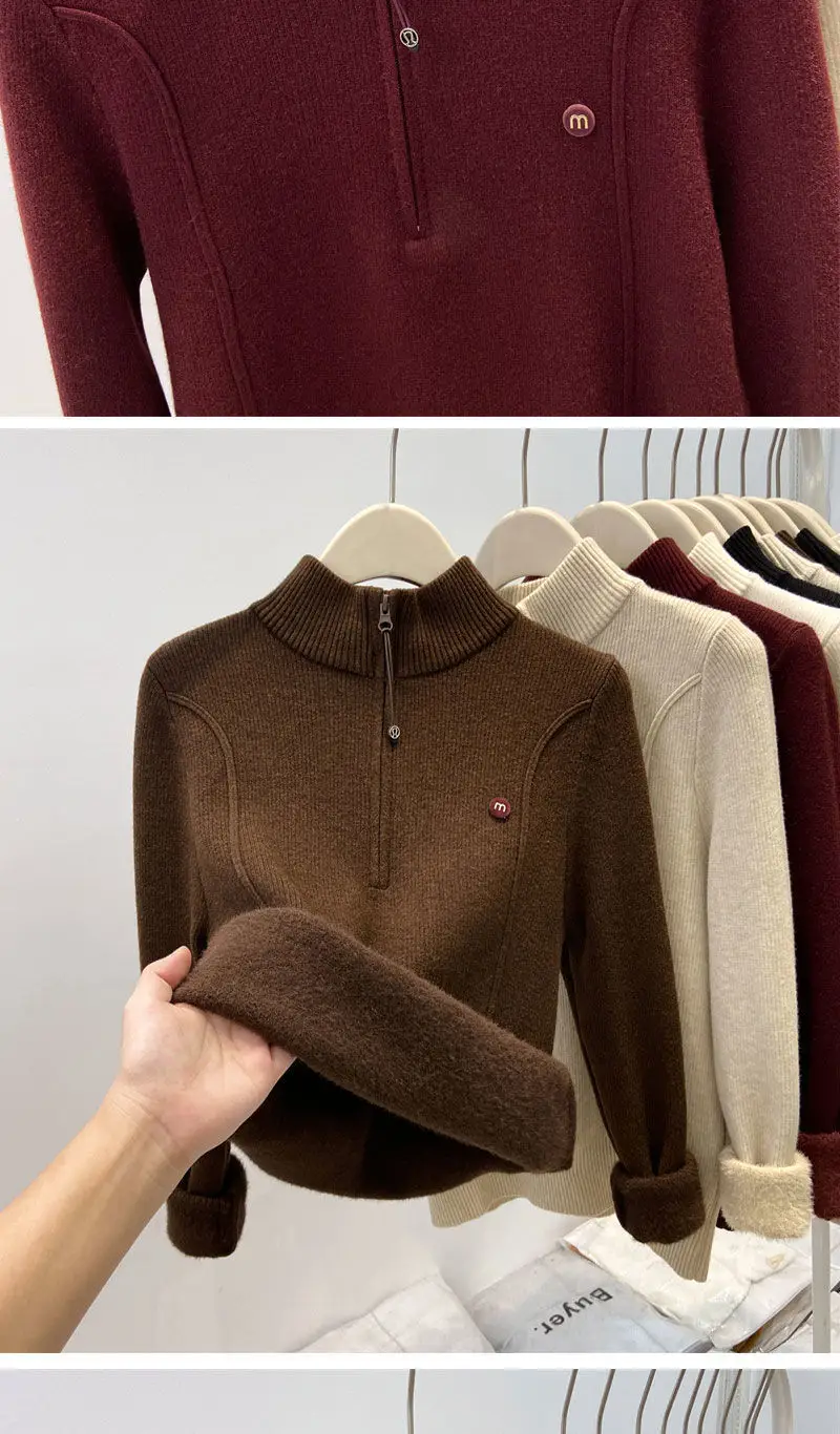 Thickened Stand-Up Collar Half-Zip Integrated Fleece High-Neck Sweater for Women, Autumn and Winter Inner Wear, Fleece-Lined Knitwear, Lazy Style — feature 8