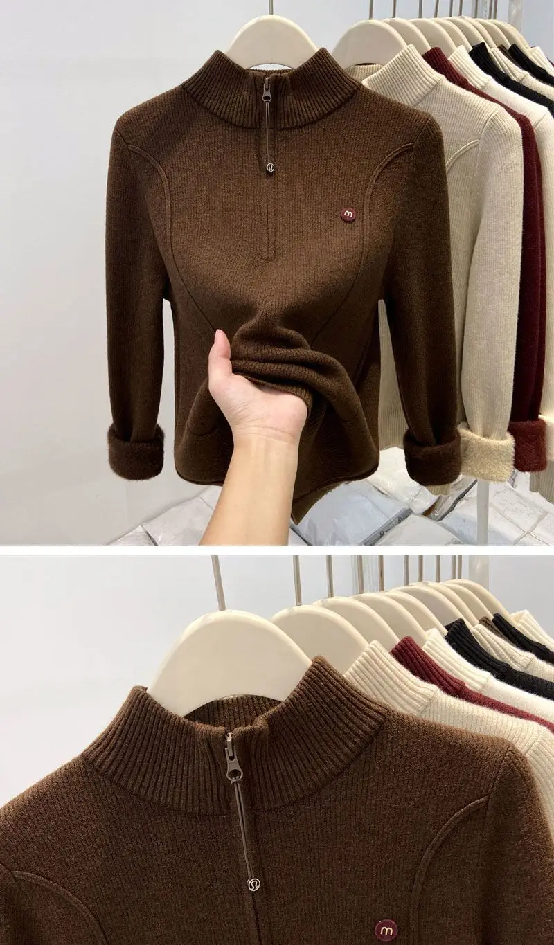 Thickened Stand-Up Collar Half-Zip Integrated Fleece High-Neck Sweater for Women, Autumn and Winter Inner Wear, Fleece-Lined Knitwear, Lazy Style — feature 9