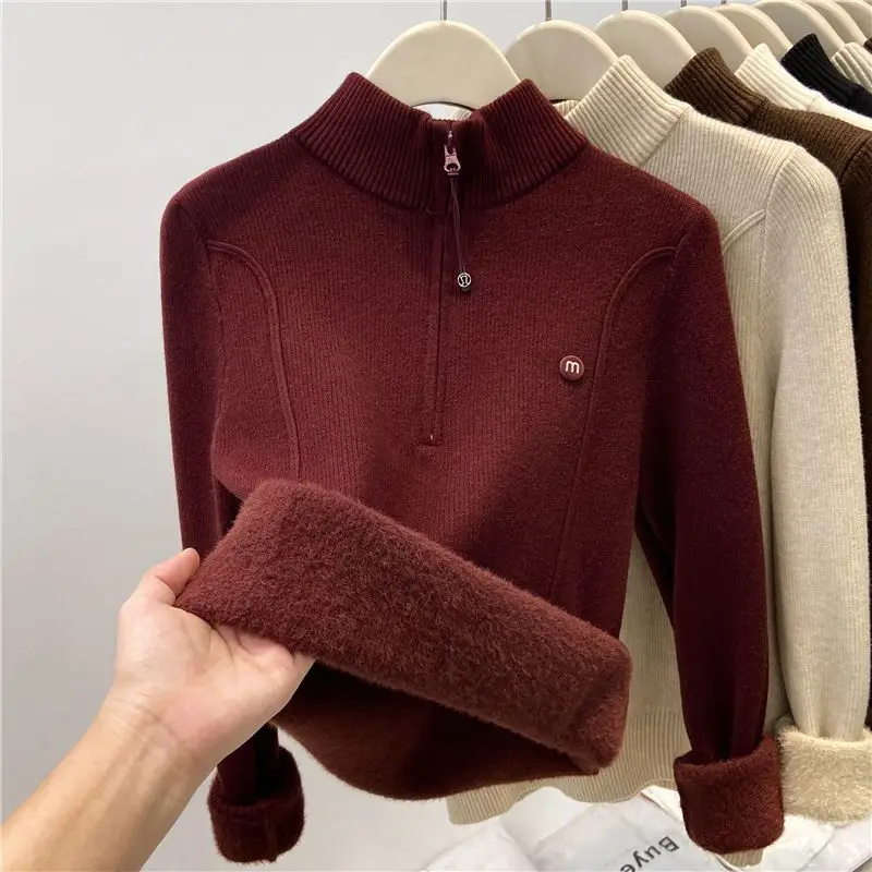 Thickened Stand-Up Collar Half-Zip Integrated Fleece High-Neck Sweater for Women, Autumn and Winter Inner Wear, Fleece-Lined Knitwear, Lazy Style