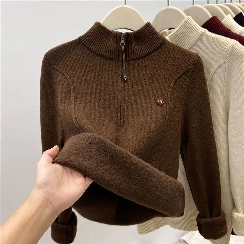 Thickened Stand-Up Collar Half-Zip Integrated Fleece High-Neck Sweater for Women, Autumn and Winter Inner Wear, Fleece-Lined Knitwear, Lazy Style