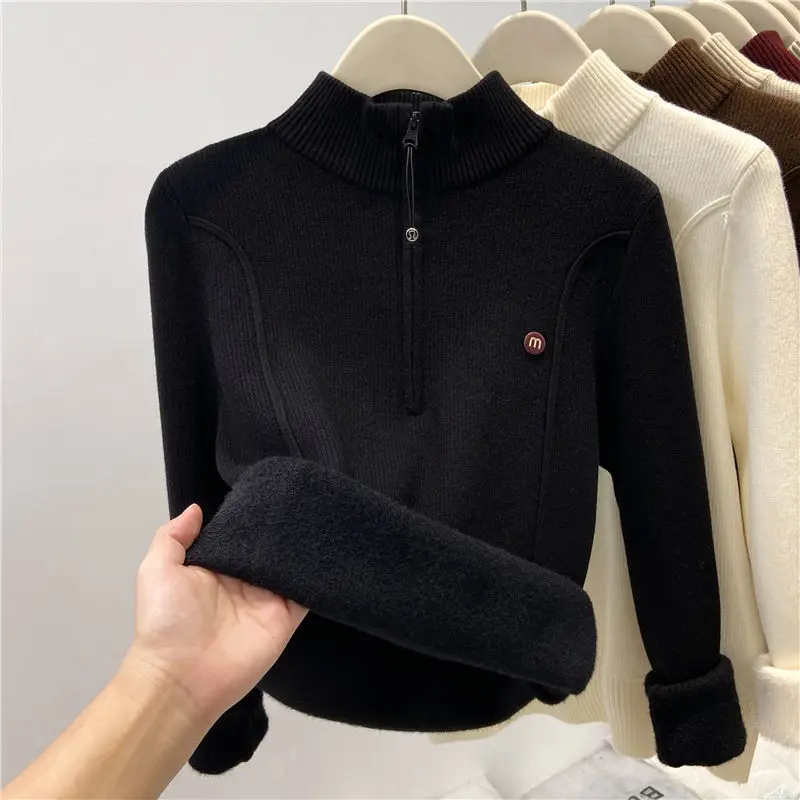 Thickened Stand-Up Collar Half-Zip Integrated Fleece High-Neck Sweater for Women, Autumn and Winter Inner Wear, Fleece-Lined Knitwear, Lazy Style