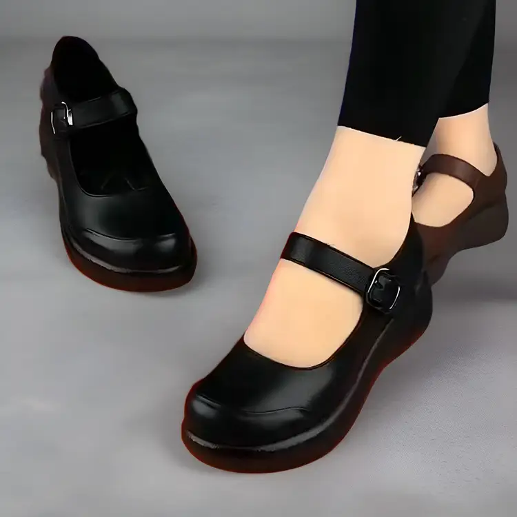 Women's Black Wedge Muffins with Buckle Strap - Image 4