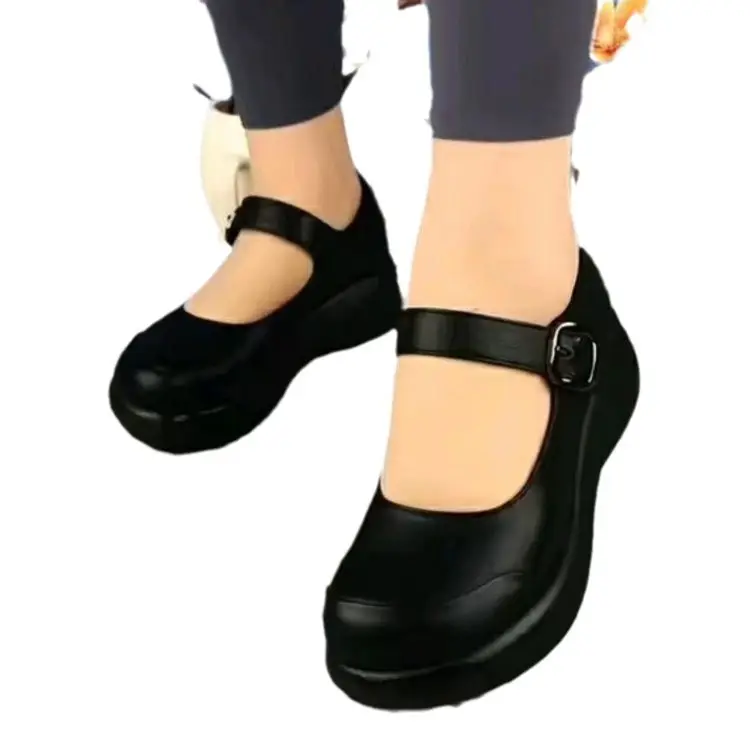 Women's Black Wedge Muffins with Buckle Strap - Image 6