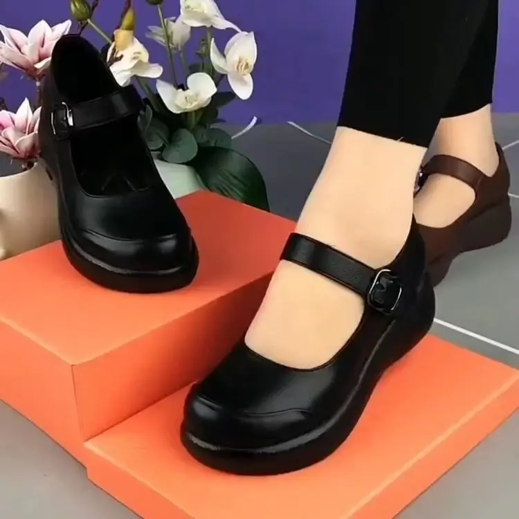 Women's Black Wedge Muffins with Buckle Strap — feature 1