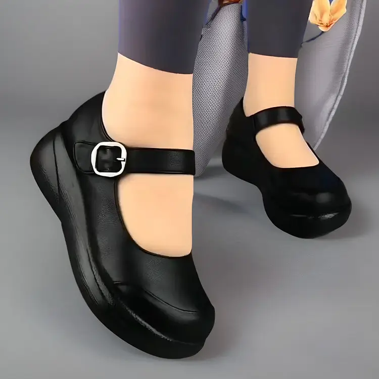 Women's Black Wedge Muffins with Buckle Strap — feature 2