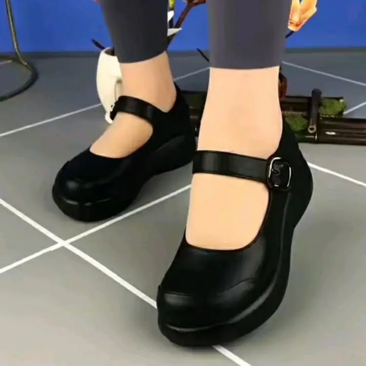 Women's Black Wedge Muffins with Buckle Strap — feature 5