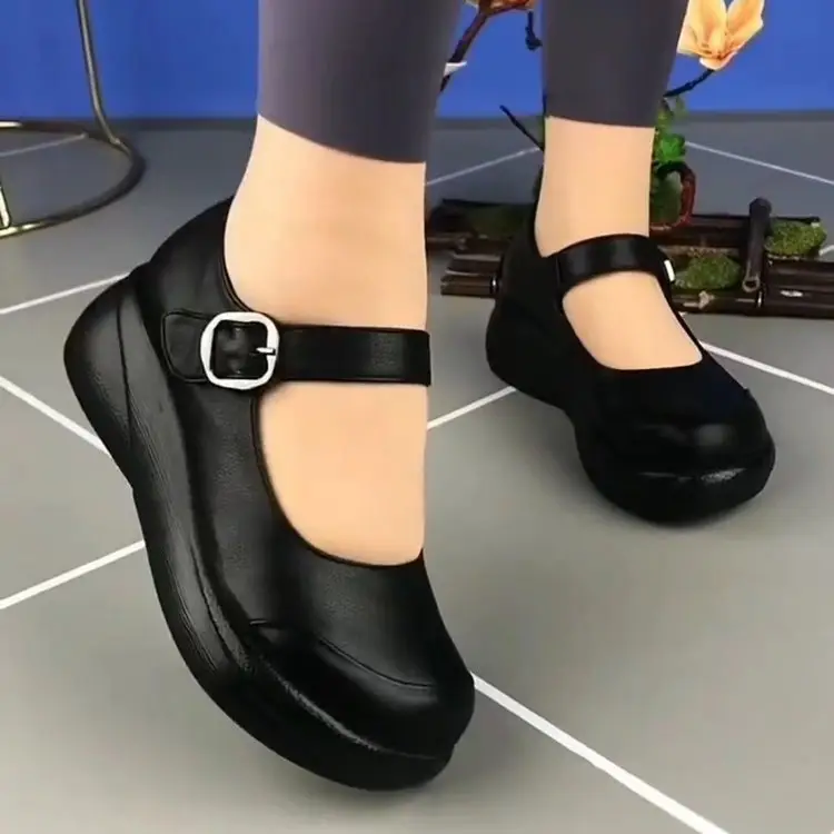 Women's Black Wedge Muffins with Buckle Strap — feature 6